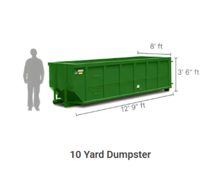 10 yard dumpster size diagram, 12 ft 9 in long, 8 ft wide, 3 ft 6 in tall, D&M Container Service