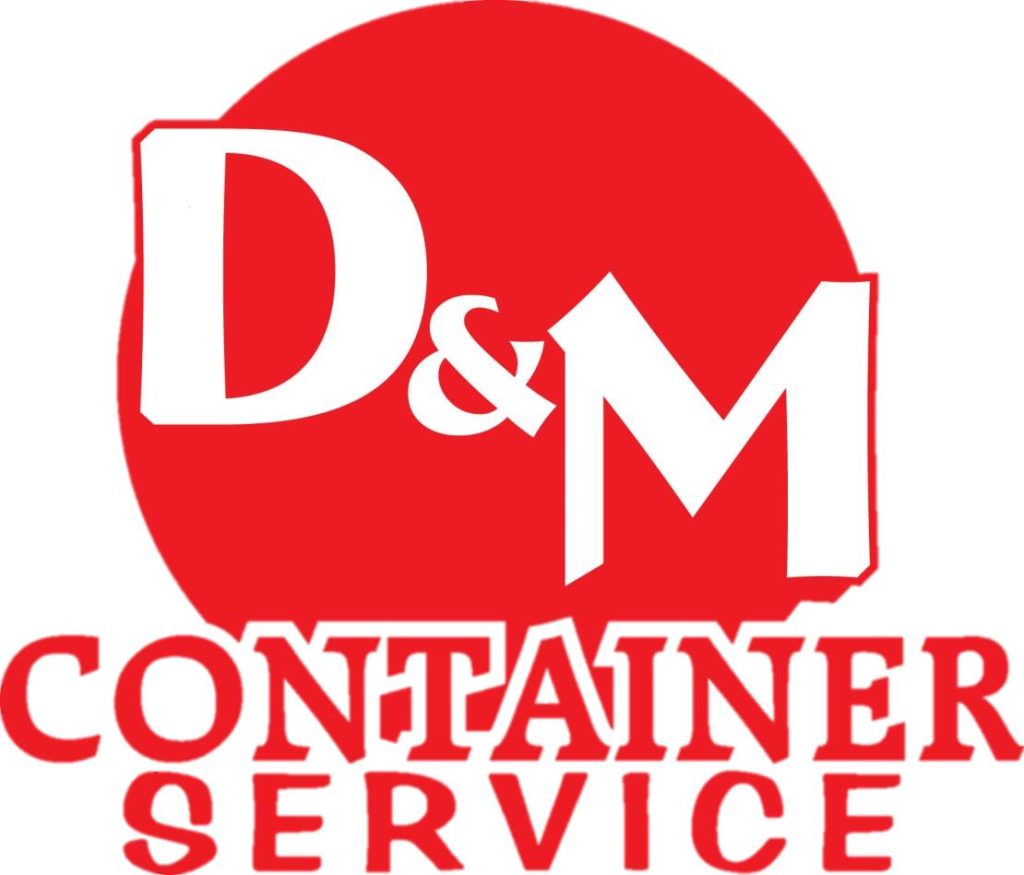 Red logo for "D&M Container Service" with bold, white lettering. Features a large circular background. No landmarks or historical buildings present.